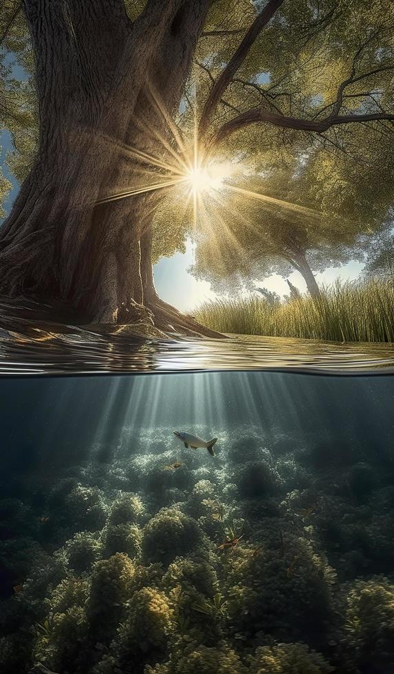 grande peixe natação abaixo a superfície com árvores e luz solar, dentro a estilo do sobrenatural paisagens, gerar ai foto