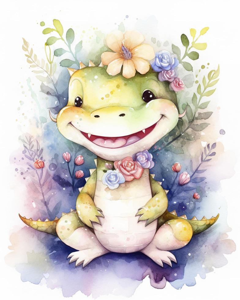 sonhadores aguarela fofa feliz chibi crocodilo com florido conto de fadas fundo, gerar ai foto