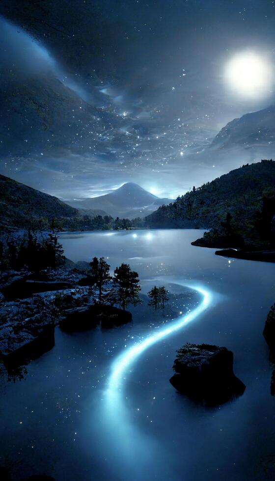 corpo do água cercado de pedras debaixo uma noite céu. generativo ai. foto