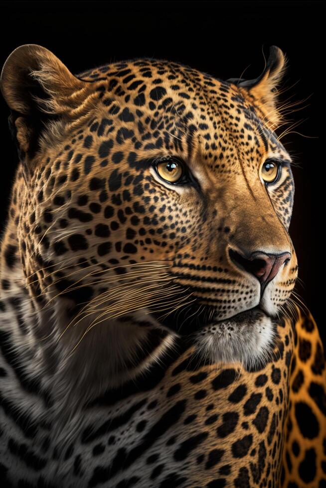 fechar acima do uma leopardos face em uma Preto fundo. generativo ai. foto