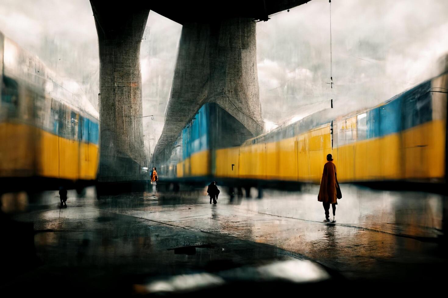 amarelo e azul trem passagem debaixo uma ponte. generativo ai. foto