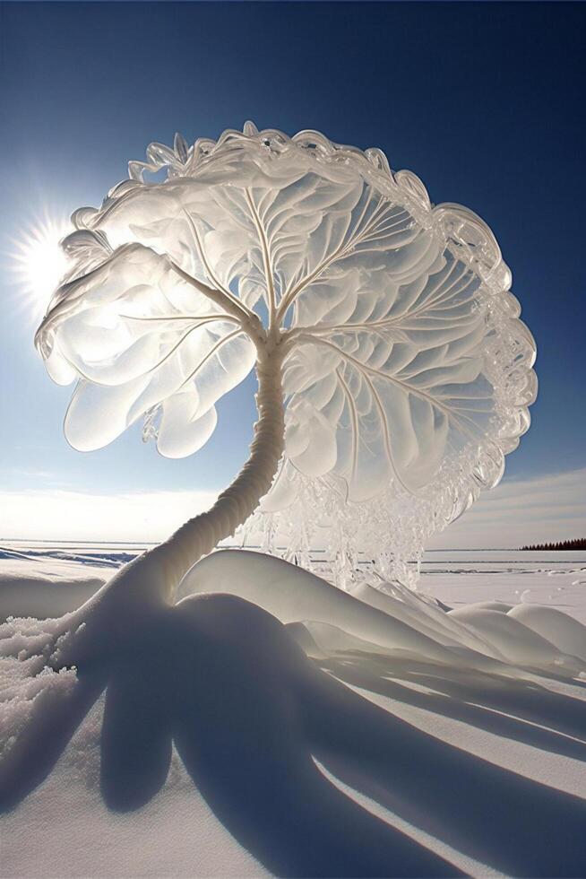 neve coberto árvore sentado em topo do uma neve coberto campo. generativo ai. foto