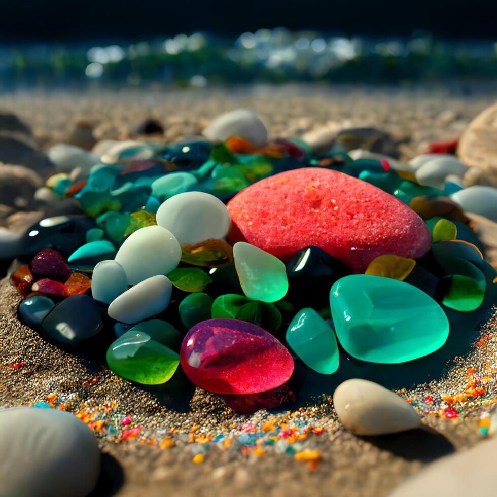 pilha do mar vidro sentado em topo do uma arenoso de praia. generativo ai. foto