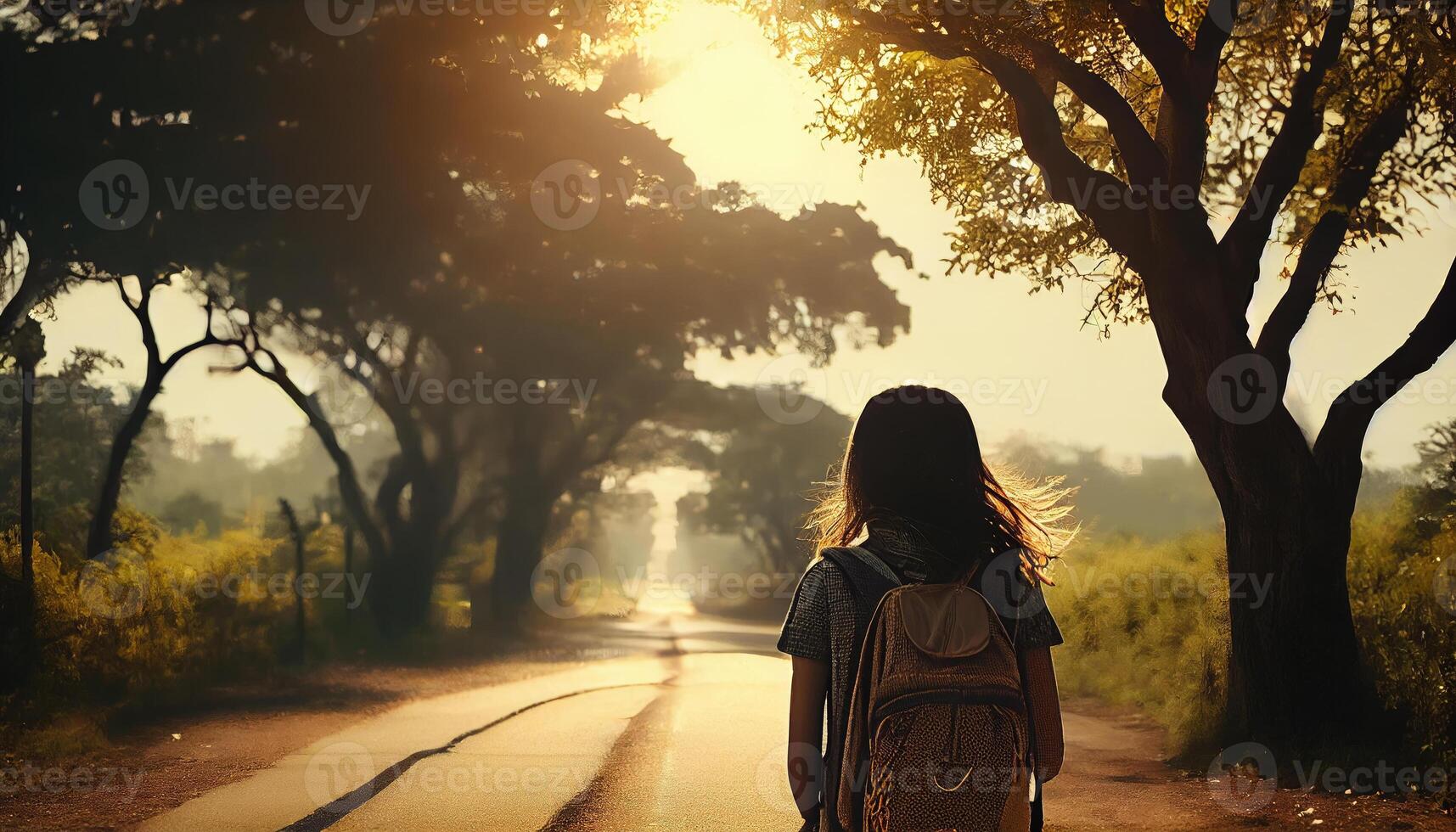 ásia turista menina com uma mochila carrinhos sozinho em a estrada. viagem, viagem aventura, turismo, liberdade conceito.. generativo ai foto