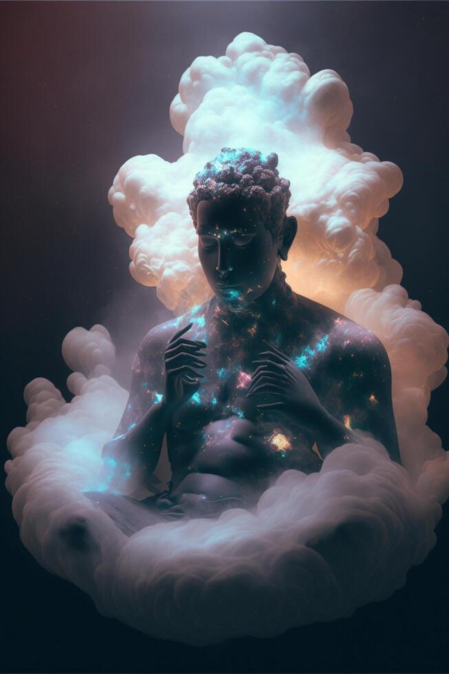 estátua sentado em topo do uma nuvem coberto chão. generativo ai. foto