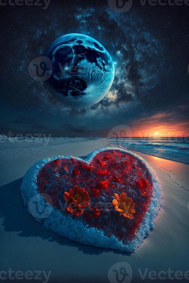 coração em forma objeto sentado em topo do uma arenoso de praia. generativo ai. foto