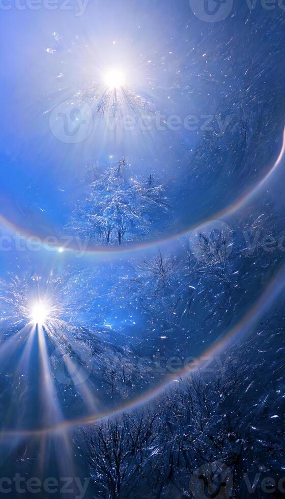 a Sol brilha brilhantemente através a neve coberto árvores generativo ai. foto