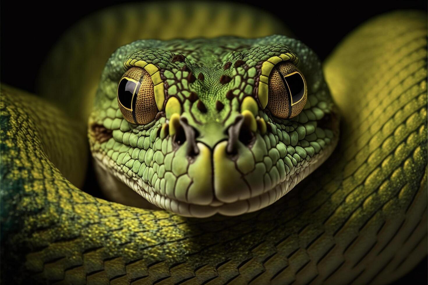 fechar acima do uma verde cobras face. generativo ai. foto