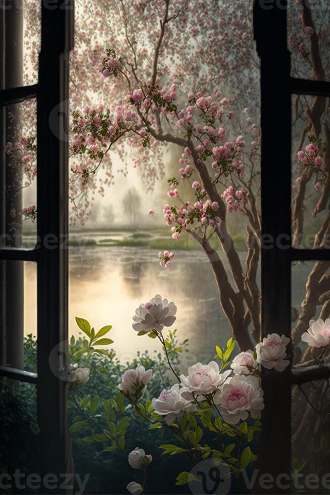 janela com uma Visão do uma lago e flores generativo ai. foto