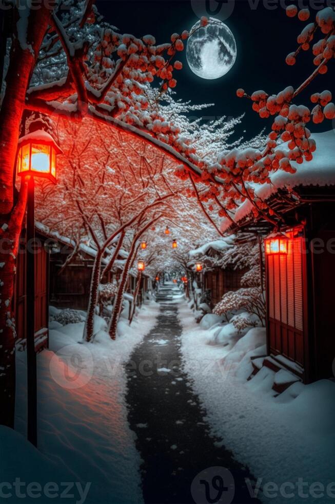 rua forrado com neve coberto árvores debaixo uma cheio lua. generativo ai. foto