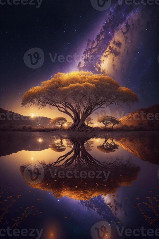 ampla árvore sentado dentro a meio do uma lago. generativo ai. foto