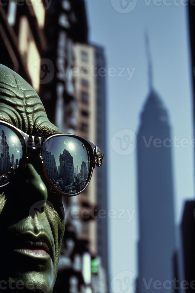 fechar acima do uma estátua do uma rã vestindo oculos escuros. generativo ai. foto