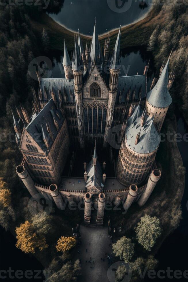 a aéreo Visão do uma castelo cercado de árvores generativo ai. foto
