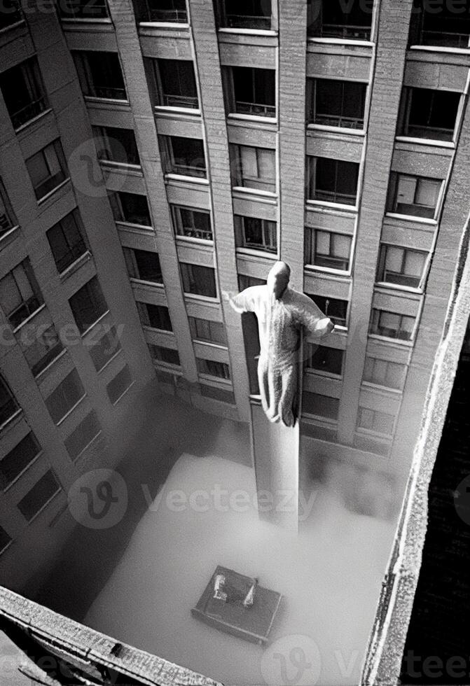 homem em pé em uma borda dentro a meio do uma prédio. generativo ai. foto