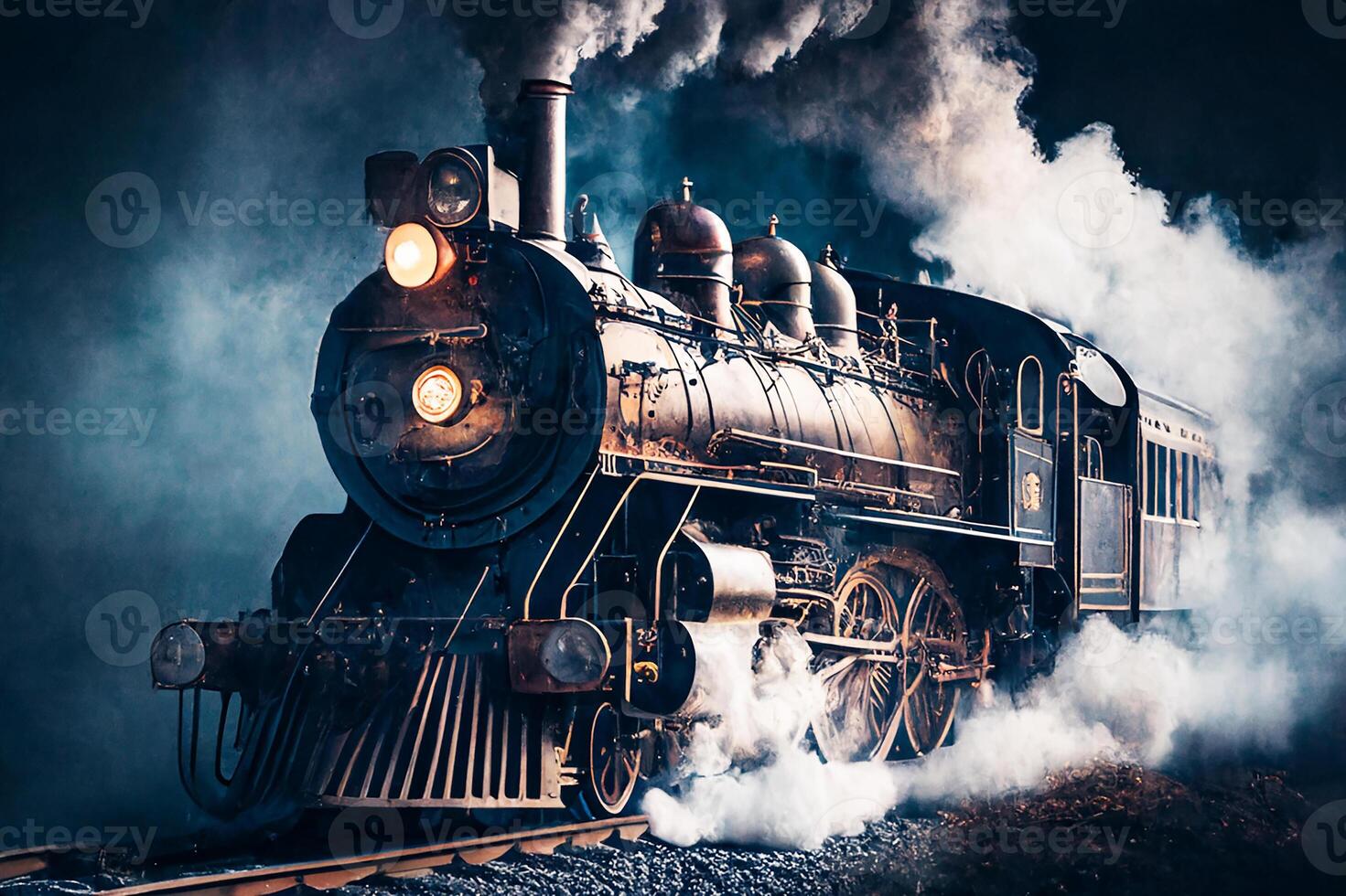 a velho vapor locomotiva com uma esfumaçado chaminé passeios a Ferrovia. generativo ai foto