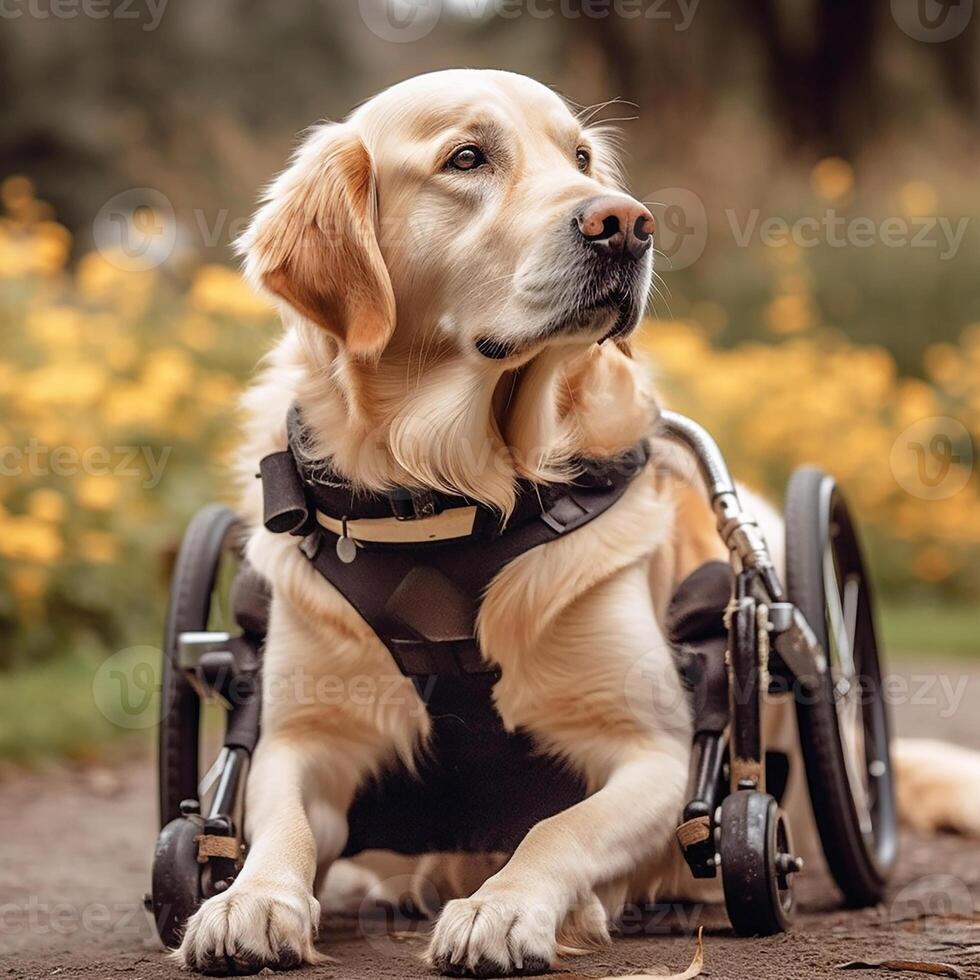 Desativado cachorro, traseiro membros do uma cachorro dentro uma cadeira de rodas em uma cidade rua. generativo ai foto
