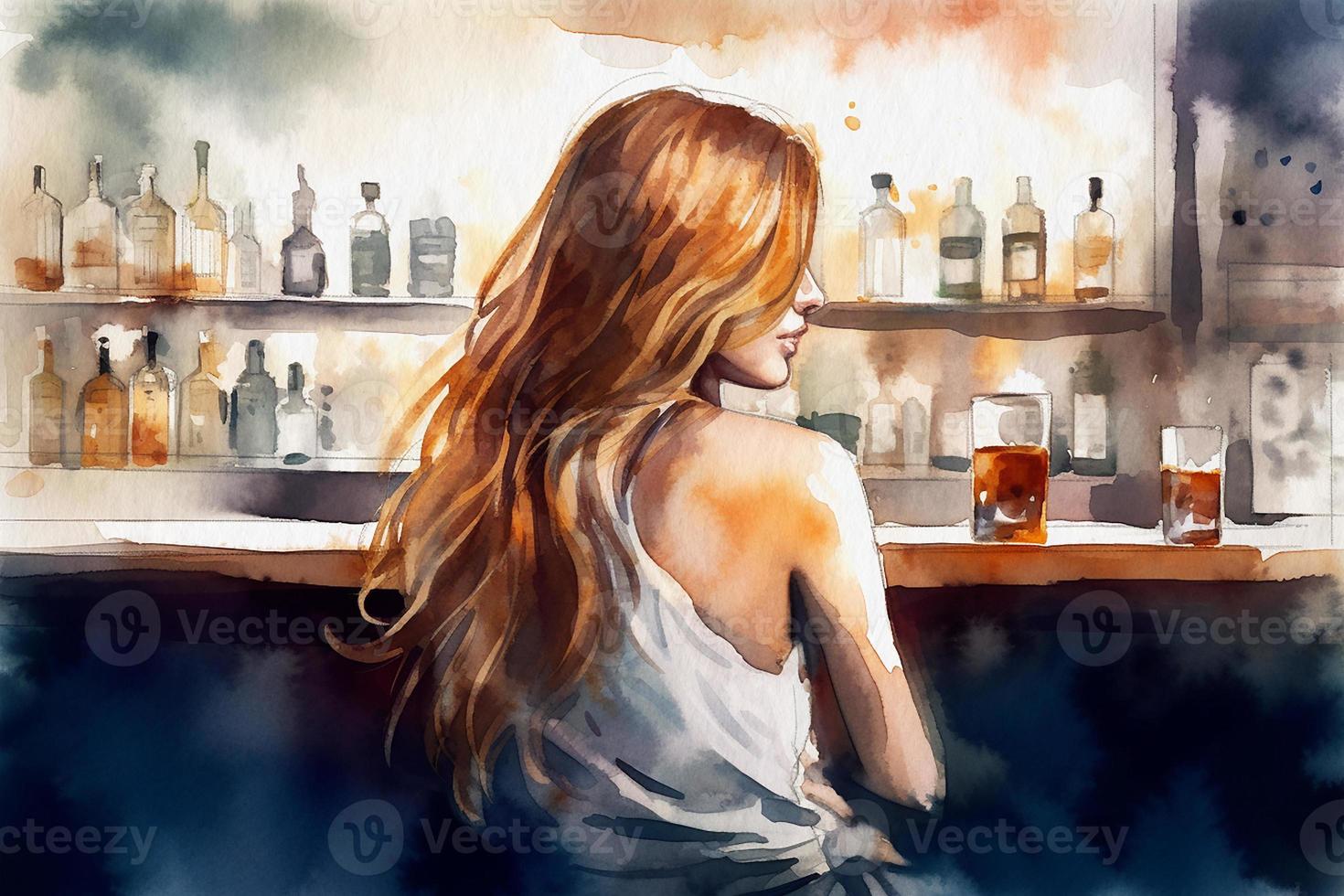 solitário menina dentro uma bar, costas visualizar, aguarela pintura em texturizado papel. digital aguarela pintura foto