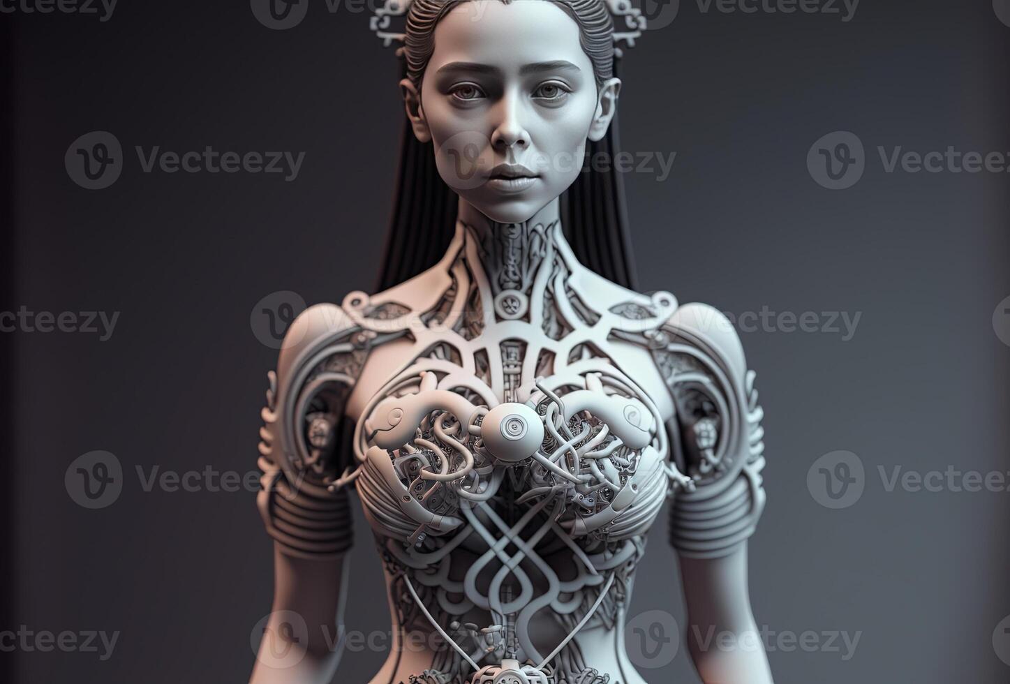 mecânico andróide garota, uma enredar do fios e técnico elementos. humanóide robô mulher, complexo ficção científica modelo. branco cyberpunk personagem em Sombrio fundo. ai gerado. foto