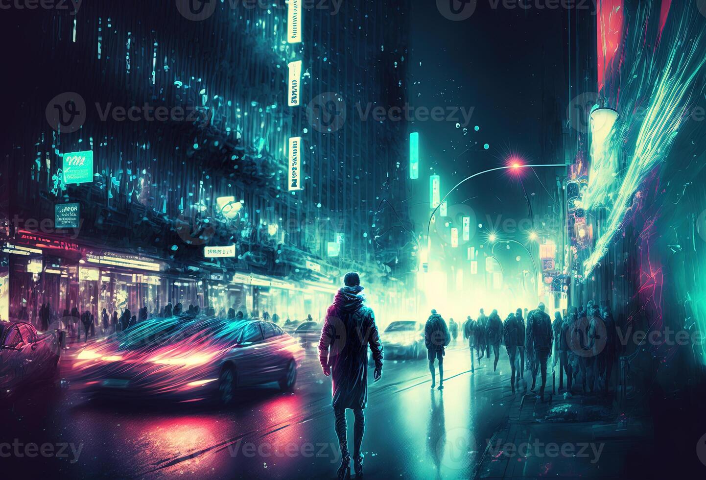 Sombrio silhuetas do pessoas, chuva, reflexões dentro a molhado asfalto. noite cidade rua iluminado de néon claro. 3d Renderização. ai gerado. foto