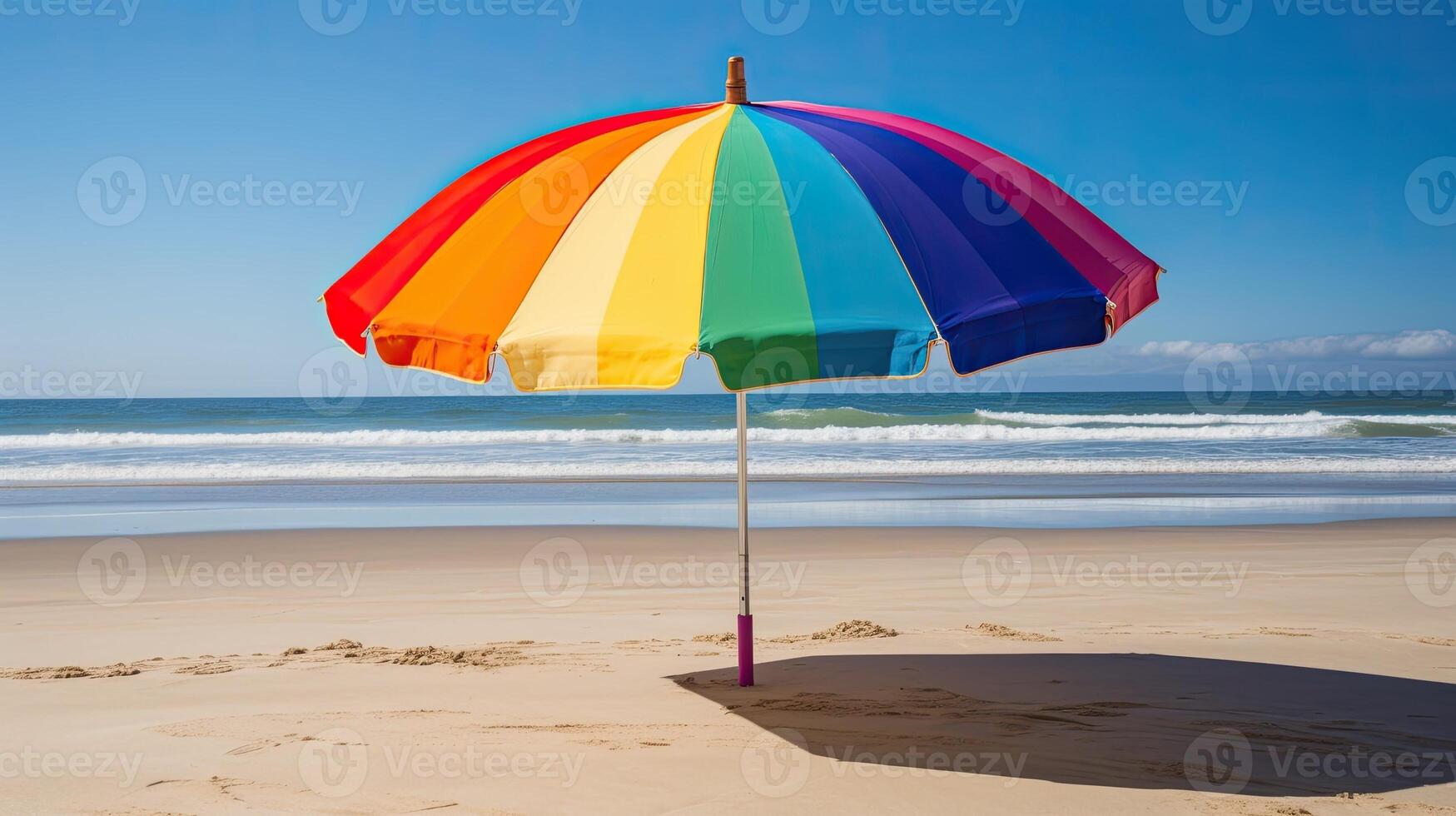 uma colorida de praia guarda-chuva em uma arenoso de praia. generativo ai foto