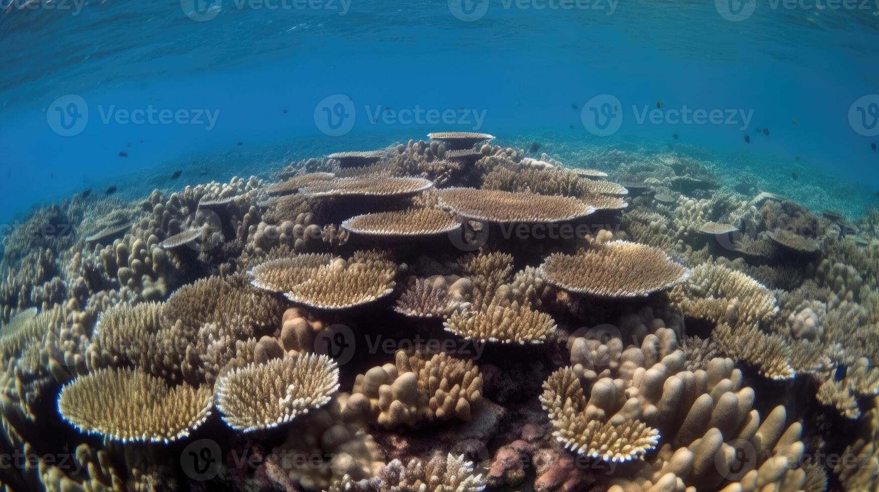 uma coral recife com escolas do peixe. generativo ai foto