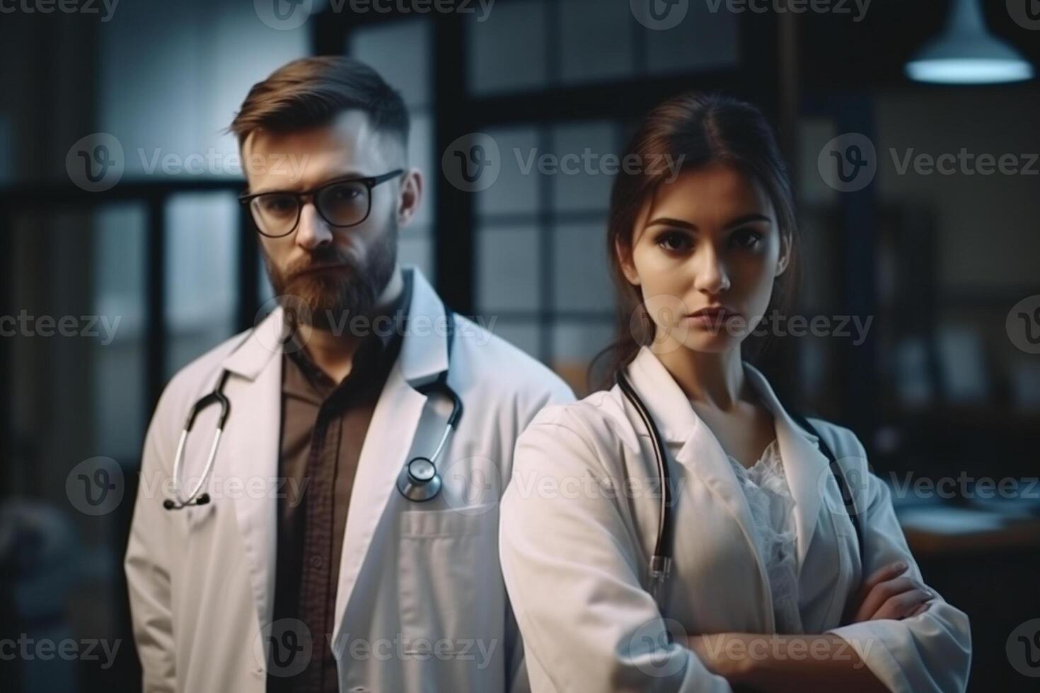 ai generativo retrato do uma jovem casal do médicos dentro branco casacos em pé dentro a escritório foto