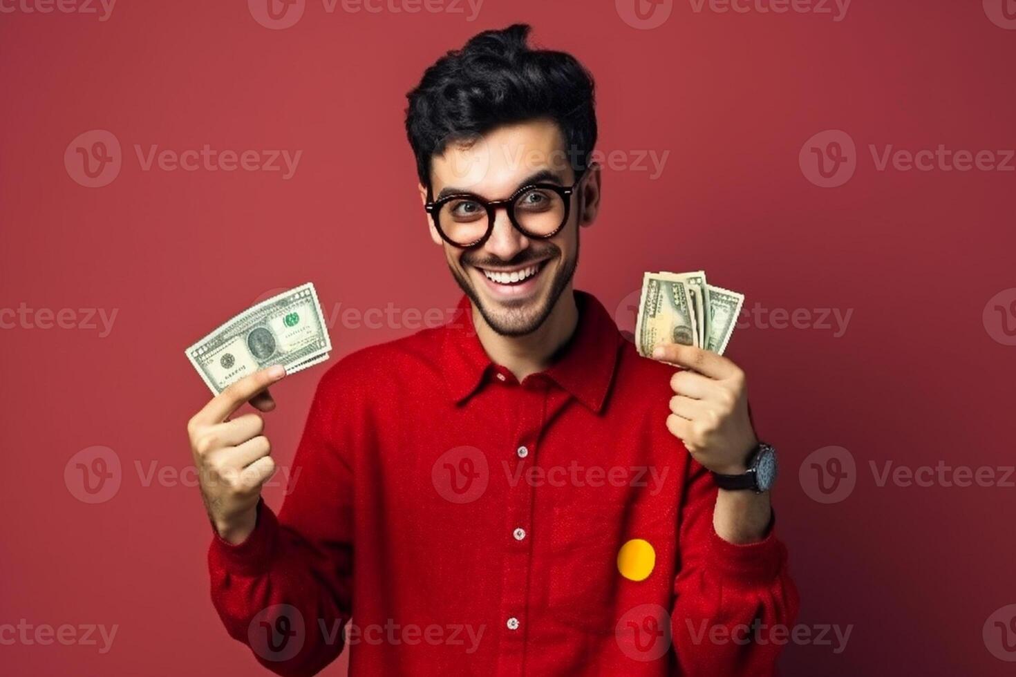 ai generativo feliz jovem homem de negocios segurando dólar notas e olhando às Câmera foto