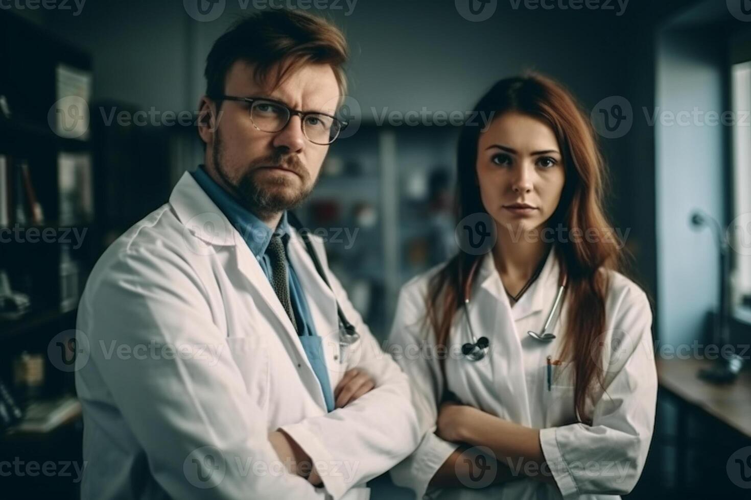 ai generativo retrato do uma jovem casal do médicos dentro branco casacos em pé dentro a escritório foto