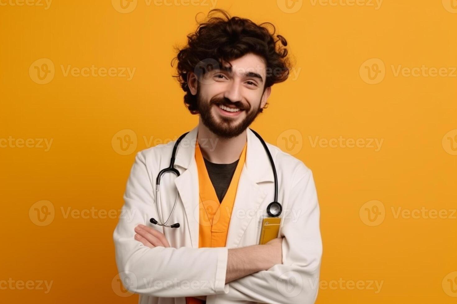 ai generativo sorridente jovem masculino médico com estetoscópio em pé foto