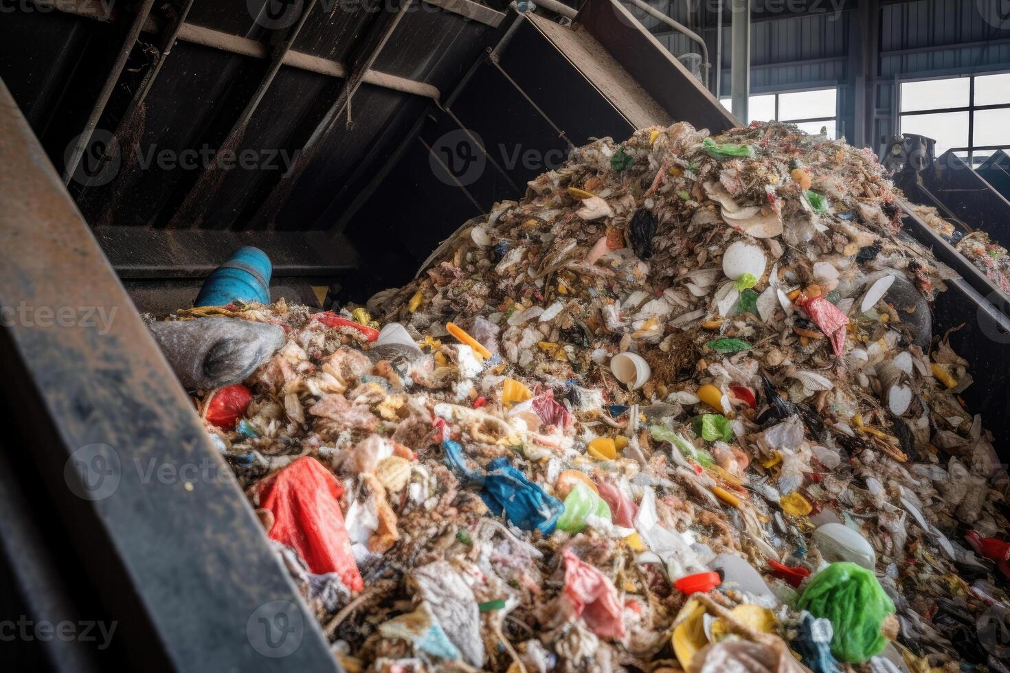 transportador cinto com pilha do desperdício às reciclando plantar. generativo ai foto