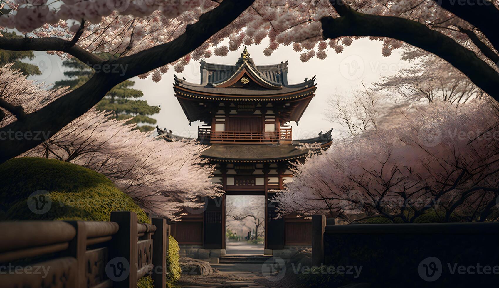 toji portão dentro cereja Flor jardim, japonês jardim panorama .generativo ai foto