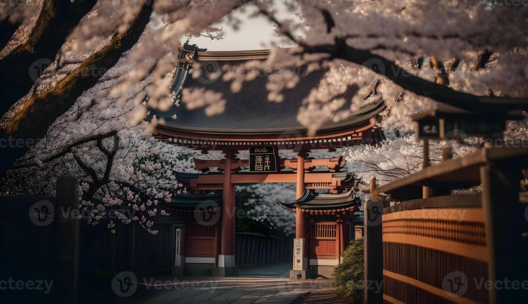 toji portão dentro cereja Flor jardim, japonês jardim panorama .generativo ai foto