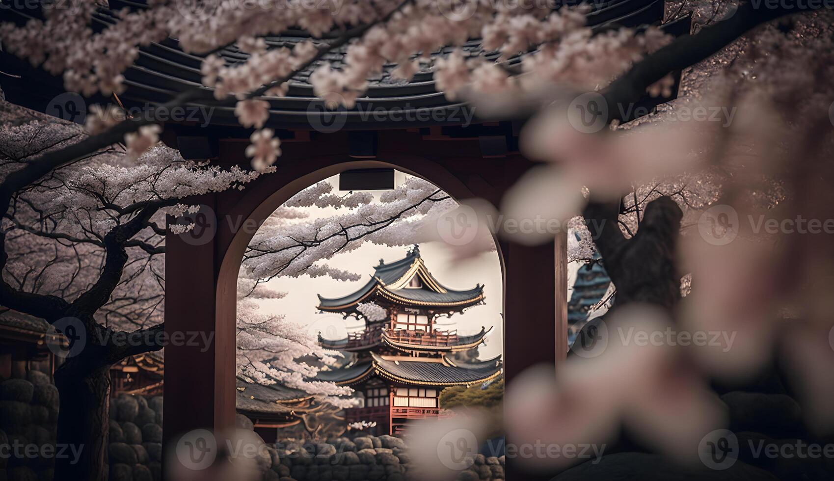 toji portão dentro cereja Flor jardim, japonês jardim panorama .generativo ai foto