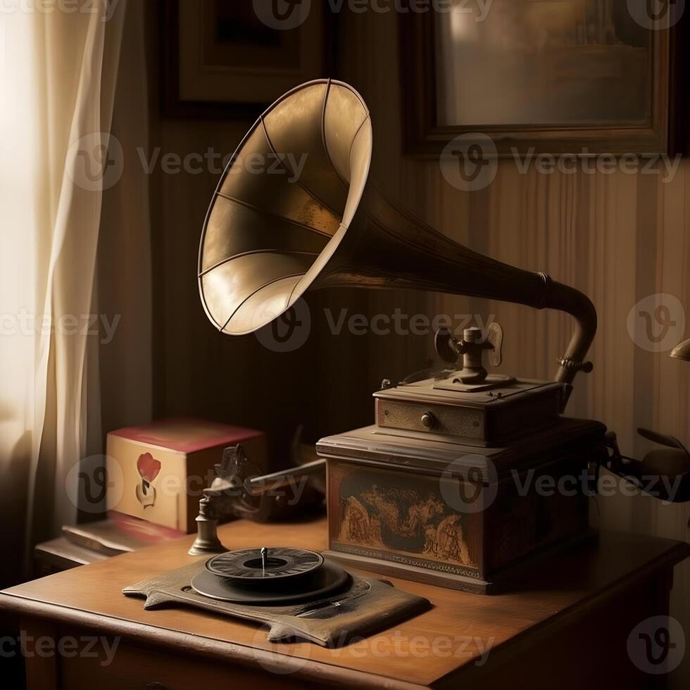 realista ilustração do uma clássico gramofone musical instrumento , generativo ai foto