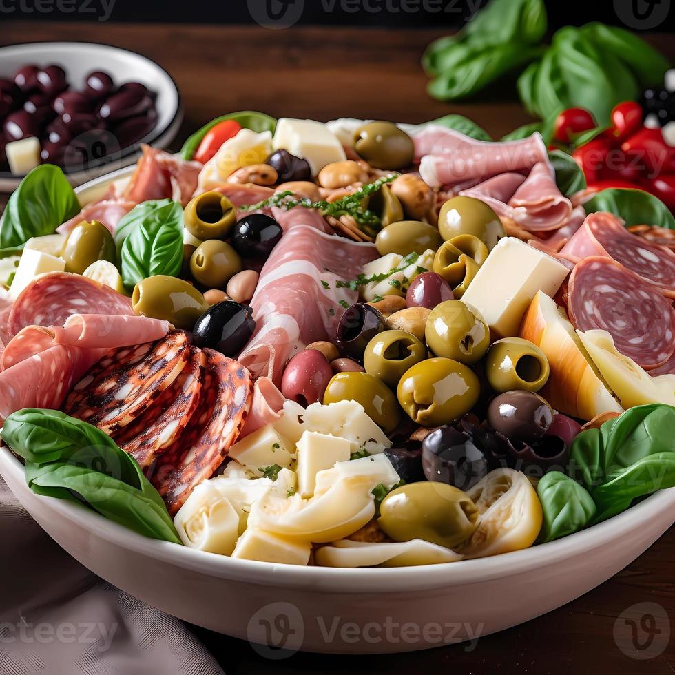 antipasto salada com tomates, azeitonas, salame, tomates, queijo, alcachofras e manjericão. foto