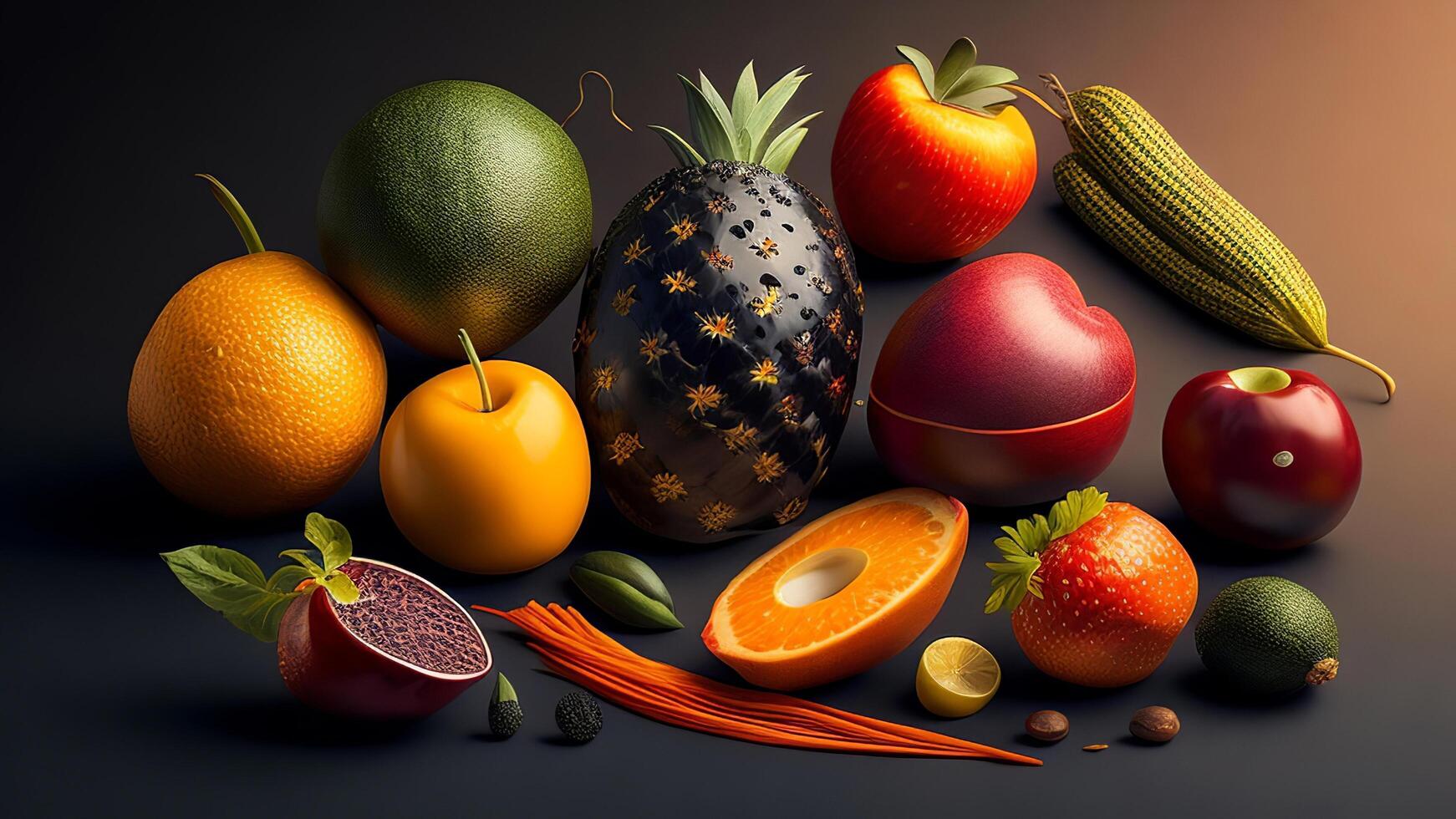 frutas e legumes em uma Sombrio fundo. 3d ilustração. ai gerado foto