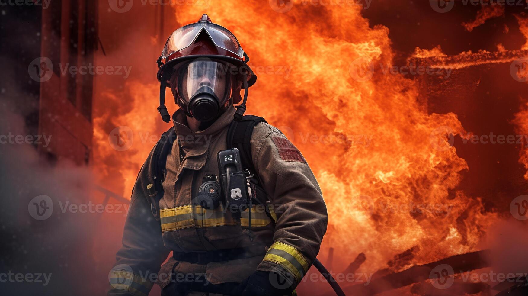 a heróico bombeiro lutando a épico chama. generativo ai foto