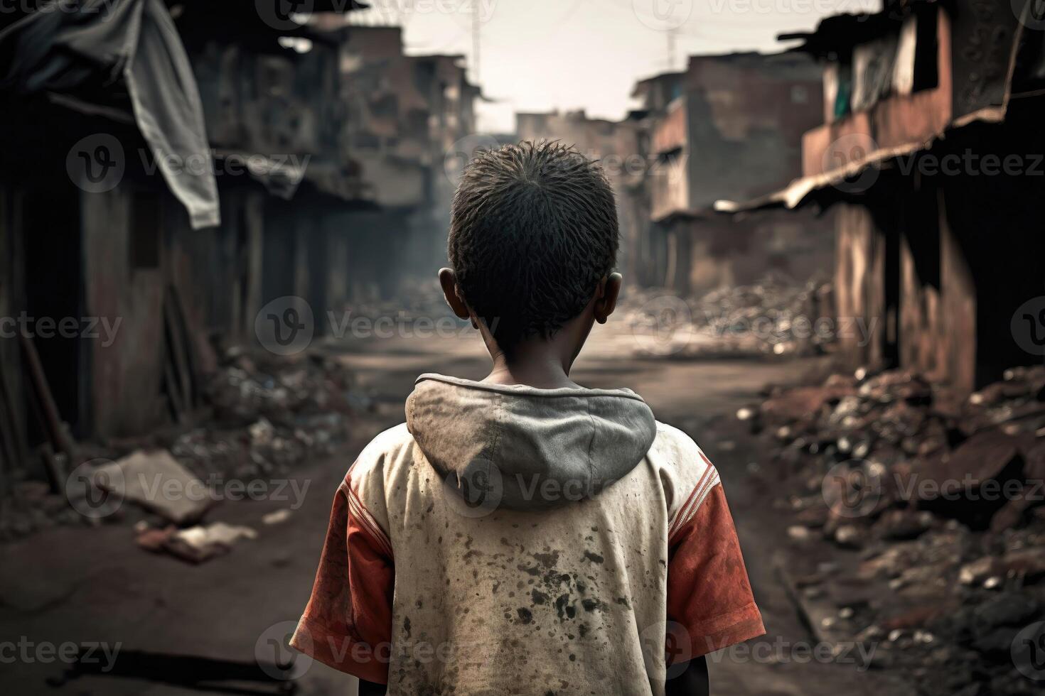 ai gerado com fome Garoto em a favela distrito. costas visualizar. foto