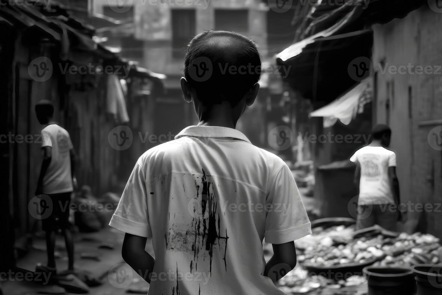 ai gerado com fome Garoto em a favela distrito. costas visualizar. Preto e branco fundo foto