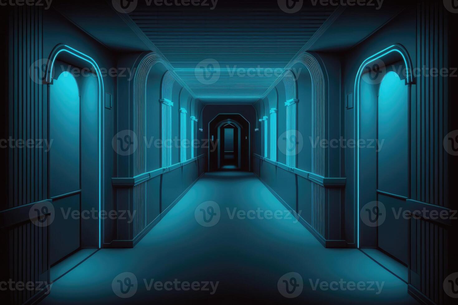 ai gerado noite clube esvaziar quarto interior. túnel ou corredor azul néon fundo. foto
