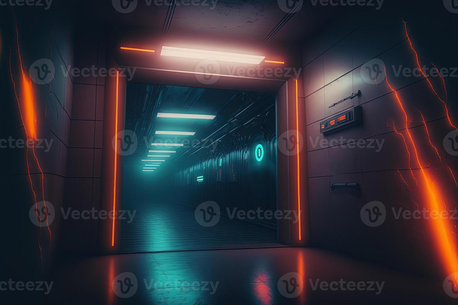 futurista Ciência ficção fundo com túnel e néon luz feixes. generativo ai foto