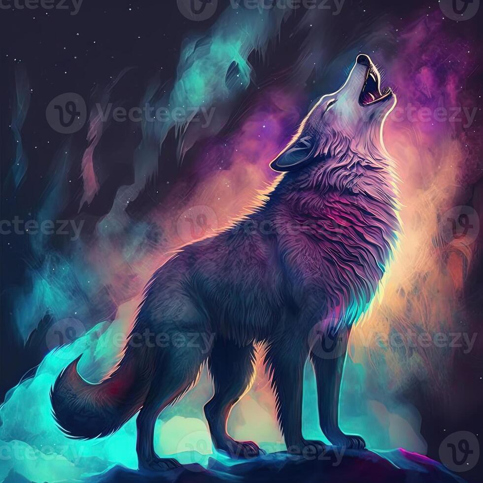 néon iridescente psicodélico uivando lobo. generativo ai foto