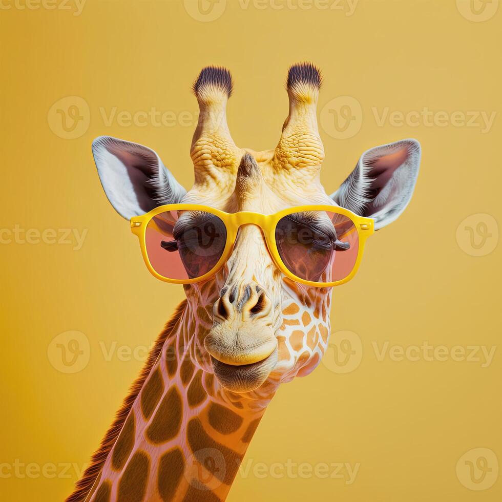 moda girafa dentro oculos de sol, amarelo monocromático retrato. ai generativo foto