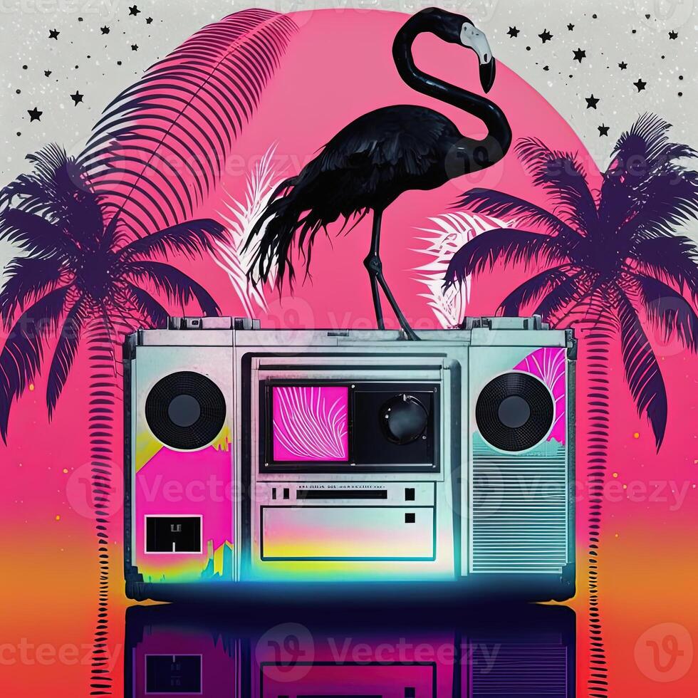 anos 80 ou anos 90 retro música verão festa poster com boombox generativo ai. não Sediada em qualquer real cena foto