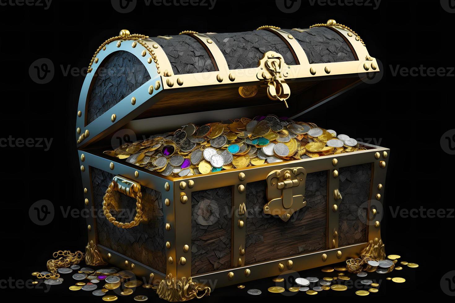 aberto Tesouro peito preenchidas com ouro moedas e caro piratas saque em Preto fundo. neural rede gerado arte foto