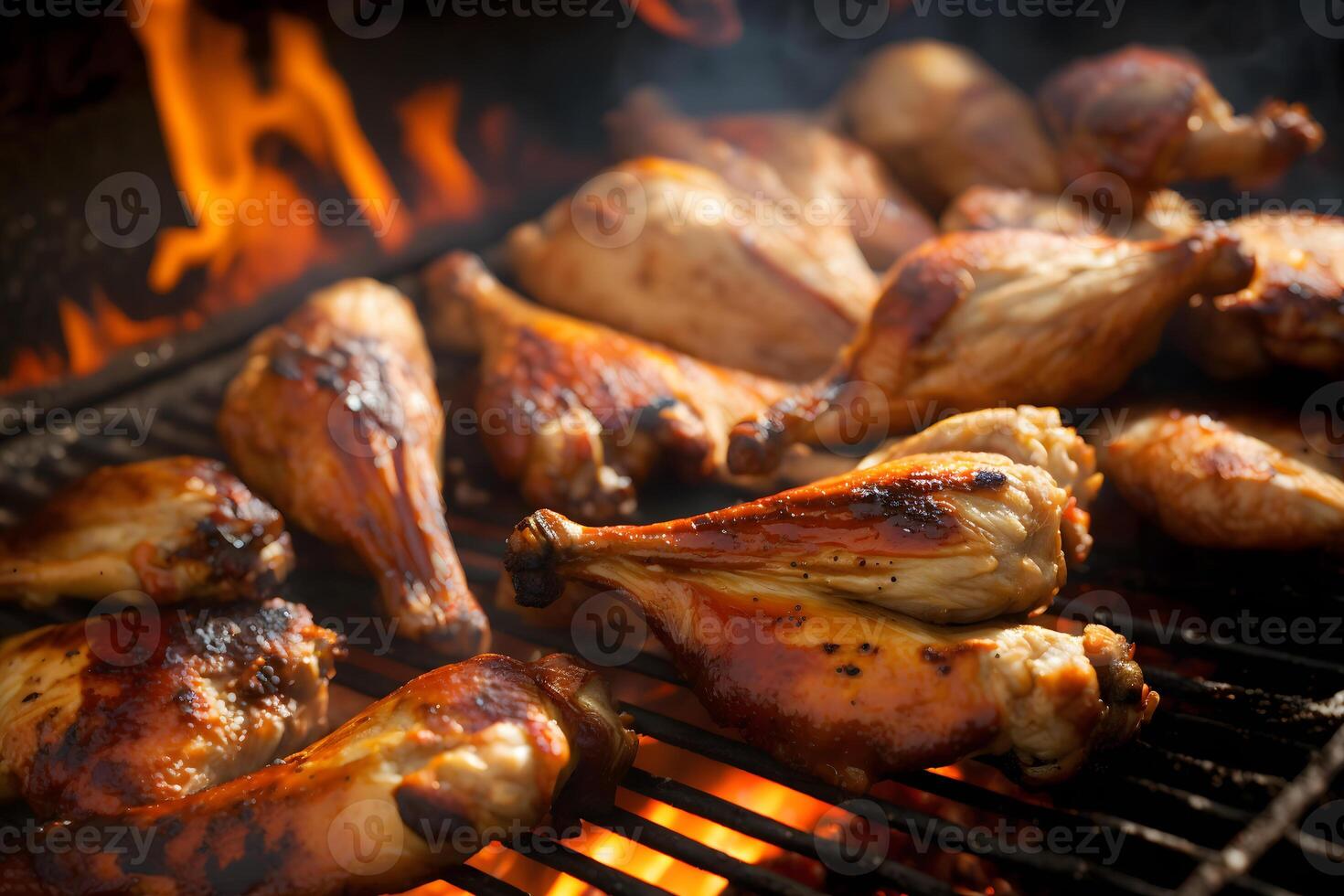 saboroso frango pernas e asas em a grade com fogo chamas. neural rede ai gerado foto