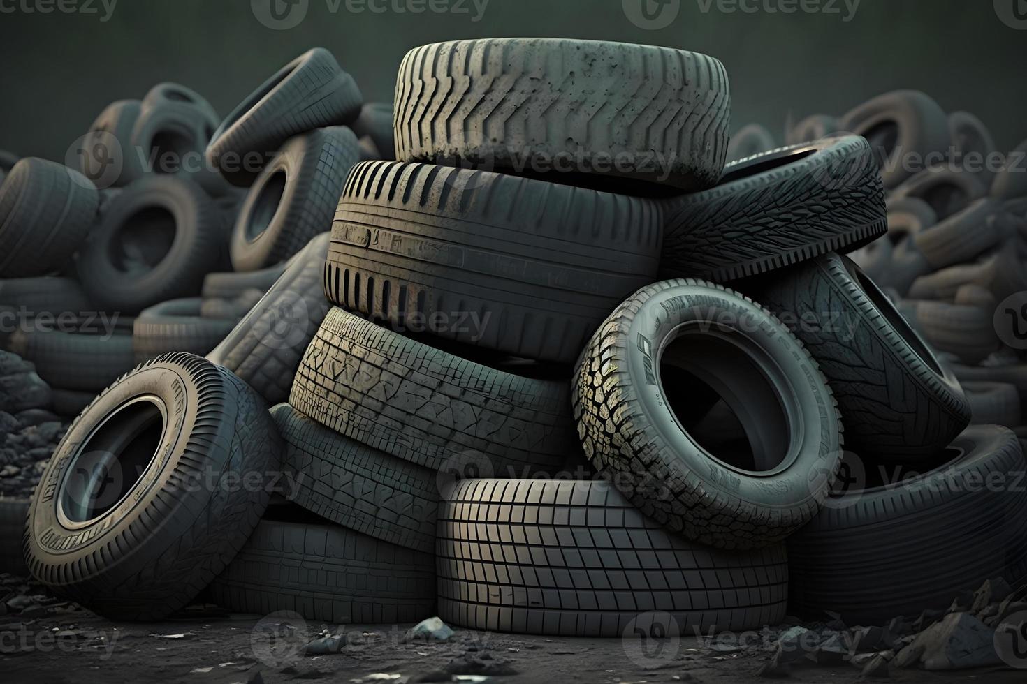 grande pilha do usava velho carro pneus para reciclando. neural rede gerado arte foto