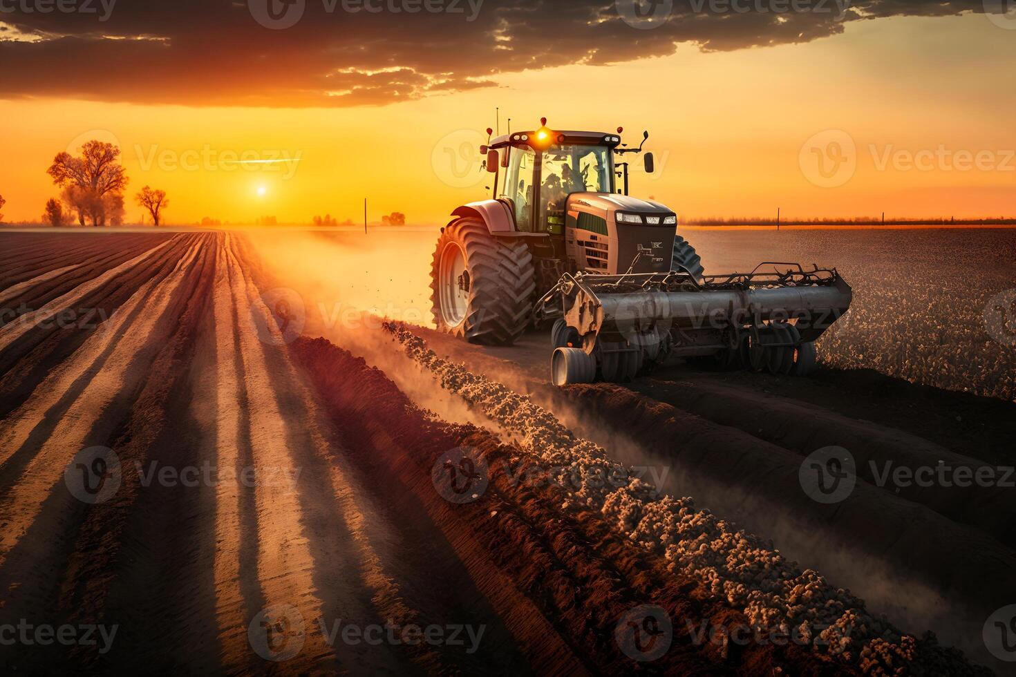 agricultor com trator semeadura semeadura cultivo às agrícola campo. plantas, trigo. neural rede ai gerado foto