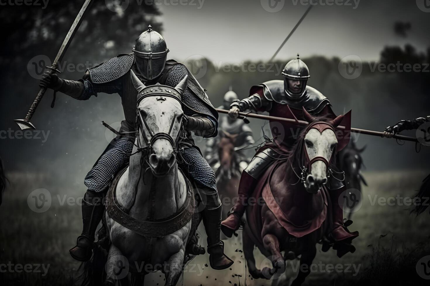 épico campo de batalha exércitos do medieval cavaleiros brigando com espadas. neural rede ai gerado foto