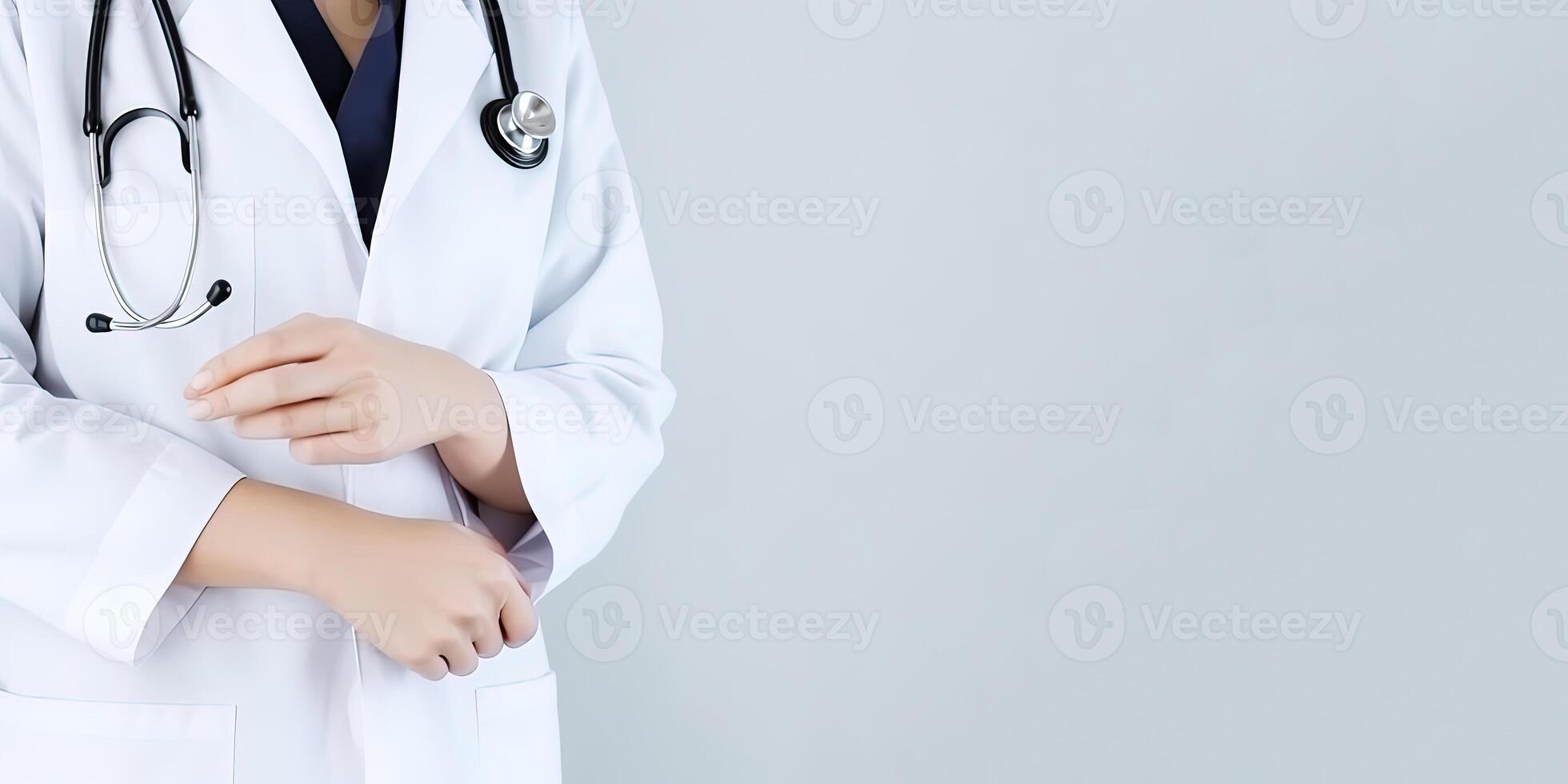 uma mulher médico vestindo uma laboratório casaco com uma estetoscópio com cópia de espaço. ai gerado foto